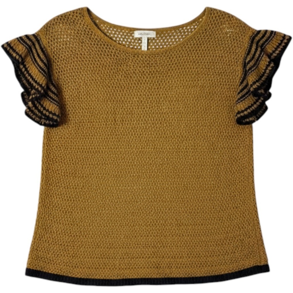 Ann Taylor LOFT Women Mustard Yellow Ruffle Sleeve Crochet Knit Top casual Small